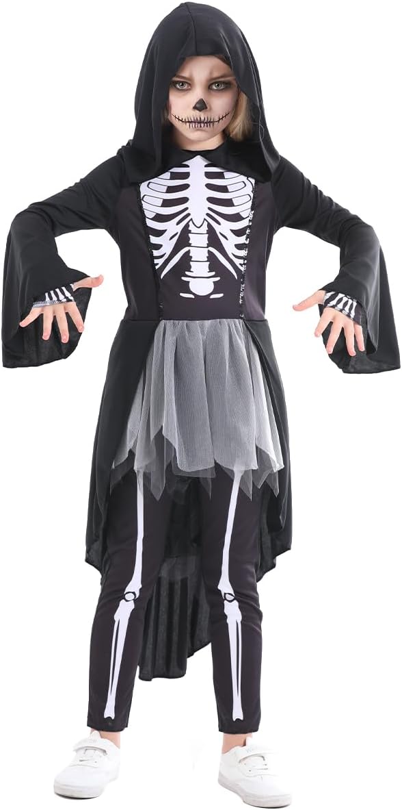Kids Halloween Skeleton Costume, Midnight Reaper Costume for Girls, Hooded Dress with Legging and Gloves for Halloween Party - Image 2