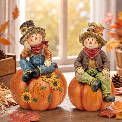 Yuntau 2 Pcs Fall Scarecrows Figurines Wooden Thanksgiving Table Decor