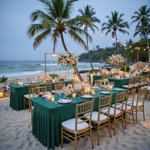 Image of Outpain 8ft Spandex Table Cloth for Standard Folding Tables-4Pack Hunter Green Table Cloth Table Protector for Party, Wedding, Cocktail, Banquet, Festival
