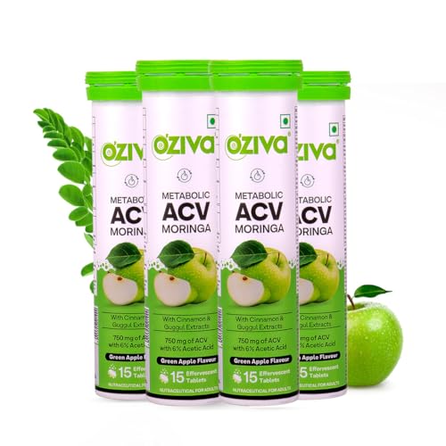 OZiva ACV Moringa | Control Cravings I Apple Cider Vinegar, Cinnamon, Guggul I No Maltodextrin & No Added Sugar I 15 Effervescent Tablets - Green Apple, Pack of 4 (60 tablets) (Image - 1)