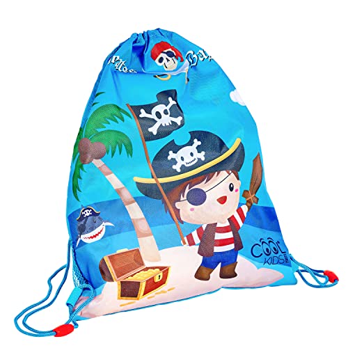PERLETTI Mochila de Cuerdas Niño con Pirata - Mochila Saco Deporte Zapatos para Chicos Escuela Gimnasio - Bolsa de Cuerdas Deportiva Impermeable Azul Niños con Cordones Ajustable - 39x31 cm (Pirata)