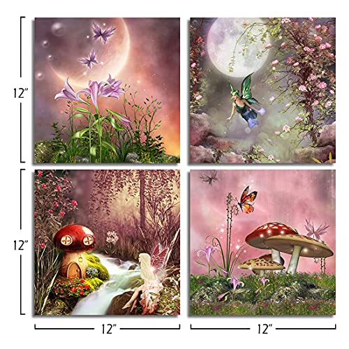 Qtespeii Fantasy Fairy Tale Wall Art 4 Pieces Pink Flowers And Colorful Butterfly Paintings Canvas Prints Modern Poster For Girls Bedroom Nursery Decor Unique Gifts For Daughter 12"X12" Per Framed #TOP1