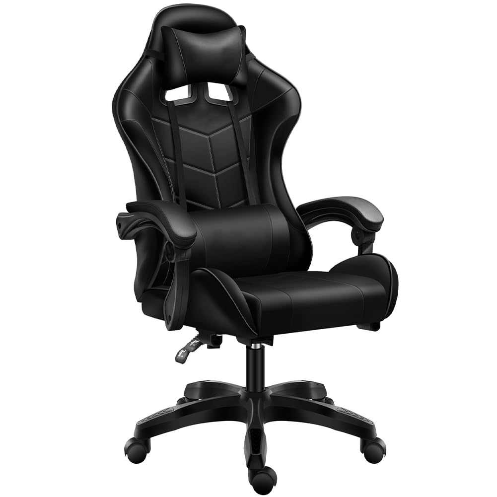 BAKAJI Sedia Poltrona Gaming Scrivana Ufficio Casa in Ecopelle Schienale Reclinabile Cuscino Lombare Poggiatesta Rotazione 360 Gradi Direzionale Altezza Regolabile Base 5 Ruote (Black)