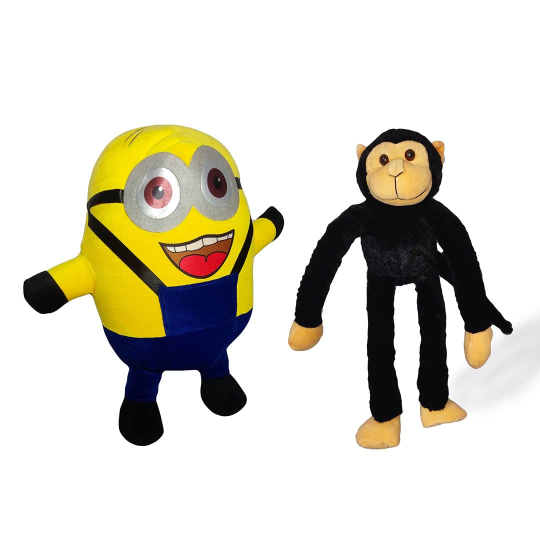 Ted N Bulbul Kevin The Minion & Abu The Monkey Pack of 2 Super Soft Stuffed Plush Toys - 100% Washable, Non-Shrinkable & Hand Made - 45 & 50 cm (Yellow & Black)