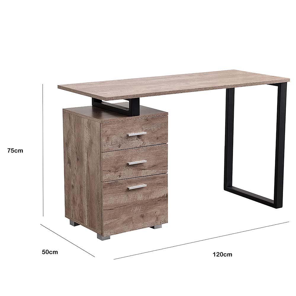 BAKAJI Scrivania con Cassettiera 3 Cassetti Tavolo da Lavoro Porta Pc Computer in Legno con Struttura in Acciaio Design Moderno 120 x 50 x 75 cm Arredamento Casa Ufficio Cameretta (Quercia)