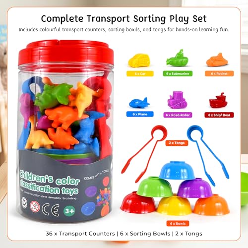 Image of BeFunky Counting Matching Game with Sorting Bowls, Color and Sensory Montessori Educational Learning Toys Set Gift for Toddlers Preschool Age 3+ Years Old (Vehicle Box)