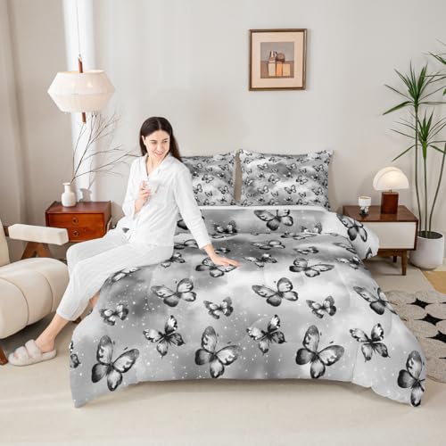 Image of Erosebridal Butterfly Bedding Sets Full - Dreamy Coquette Comforter Set for Kids Adults Watercolor Gradient Grey Butterfly Duvet Insert Galaxy Stars Print Quilt