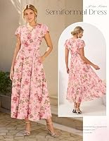 GRACE KARIN Damen Rüschenärmel V-Ausschnitt Midikleid A-Linie Blume Sommerkleid Mit Taschen Graurosa–Rosa Rose S – Ansicht 2