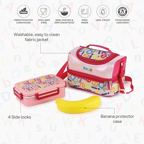 Image of CELLO Kidzbee Series Mini Meal Set for Kids |1 Lunch with Banana and Attractive Jacket | Insulated Meal Carrier | Lunch Box Set for Kids | Pink