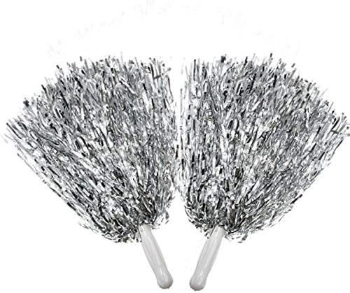 Metallic Shiny Silver Cheerleader Rooter Shaker Pom Poms, Silver (Set of 2)