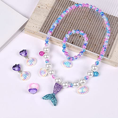 OSDUE Zeemeermin prinsessenjurk, set van 5 stuks, zeemeermin-sieraden, kindersieraden, prinses sieraden, zeemeermin, halsketting, sieradenset voor prinses, oorbellen - Afbeelding 6