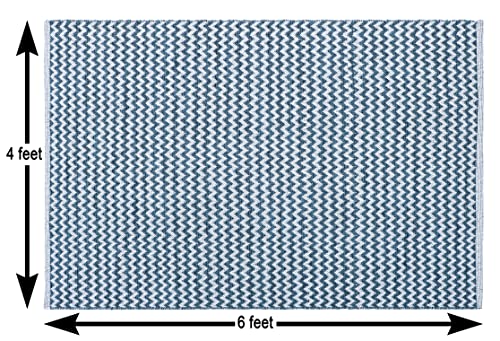 Image of The Home Talk Zig Zag Cotton Area Rug - Carpets Suitable for Living Room, Bedroom, Dining Room, Home Decor - Handcrafted Traditional Rectangular Rugs - Non-Skid | 4' X 6' - Ash Blue |