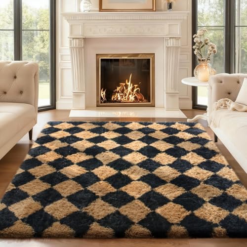 Ophanie Checkered Black & Beige Rhombus Rugs for Living Room