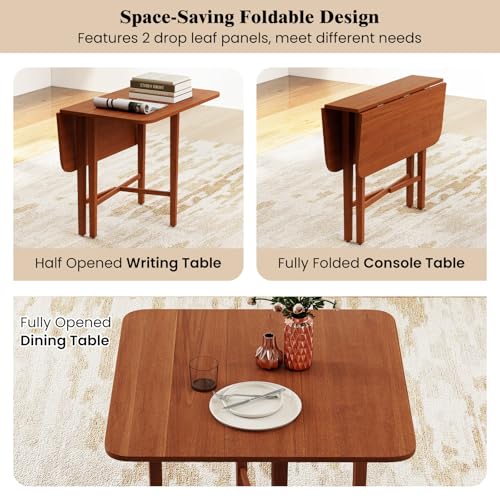 COSTWAY Folding Dining Table for 4, Extendable Drop Leaf Kitchen Table with Rubber Wood Legs & X-shaped Frame, Space Saving Console Dinner Table Furniture for Home Dining Room Office (Walnut) - Image 4
