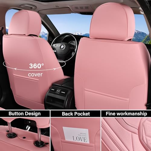 Image of Coverado Car Seat Covers Full Set, Pink Leather Seat Covers for Cars, Universal Waterproof Car Seat Cover, Luxury Front and Back Car Seat Protector, Automotive Seat Covers Fit for Most Cars, Pink