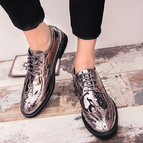 Image of Men's Sparkle Patent Leather Brogue Wingtip Lace Up Dress Oxford Shoes Tuxedo Modern Round Toe Slip On Derby Shoes for Wedding Evening Party