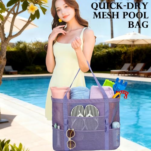 Image of Fammart Mesh Beach Bag for Women, Large Beach Toy Pool Bag with Zipper Pocket, SandProof Cruise Essentials 2026 Family Travel