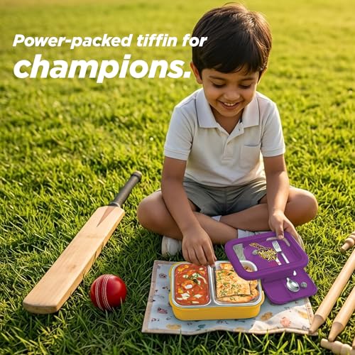 Image of Milton Sports Ethan 2 | KKR Official Drinkware Partner | Inner SS Tiffin Box, 2 Partition,Steam Release Plug | PU Insulated,Leak-Proof | Lunch Box for Kids,Boys,Girls with Snap Lock Lid | 650 ml, Gold