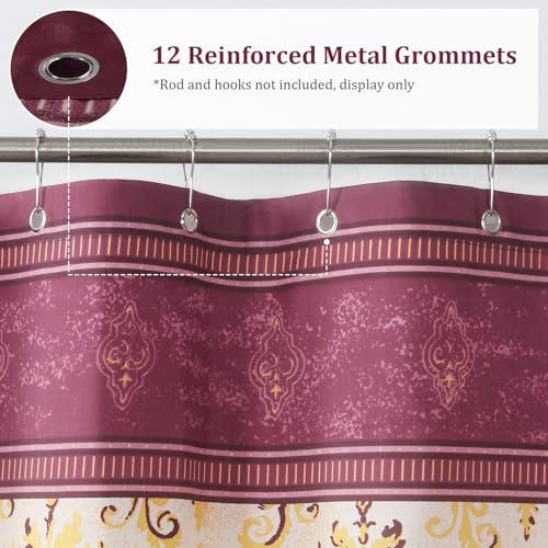 Fabric Shower Curtain， Burgundy Wine with Gold Yellow Boho Paisley Damask Print, Waterproof Bathroom Decor, 72" W x 72" H by D DS CURTAIN - Used condition - Image 2