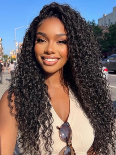 KLAIYI Water Wave HD Real Scalp Glueless Precut 13x4 Lace Front Human Hair Wig Drawstring Bye Bye Knots Pre Plucked Bleached Pre Everything 30S Ready to Wear and Go Deep Curly Wave Beginner Wig 18Inch