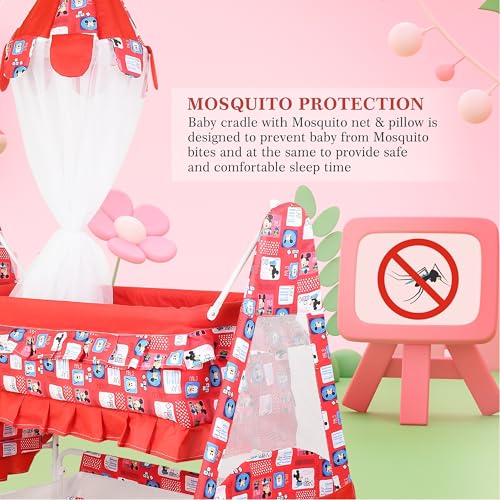 Image of New Born Baby Soft Seat Cradle with Swing and Mosquito Net, Four Wheels with Brake Lock for Swing Cradle /Jhula /Palna /Bed /Baby Safe for 0-2 Years (RED)