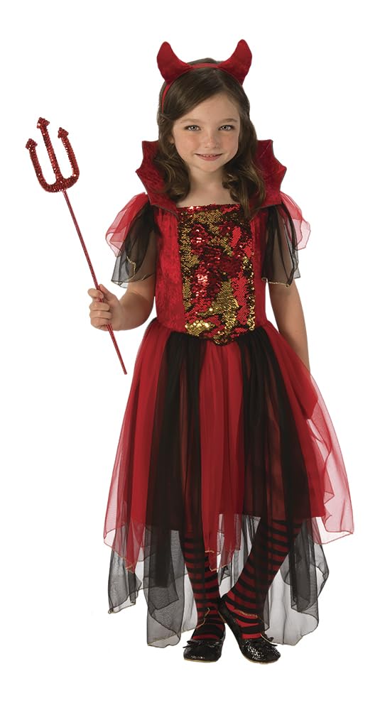 Rubies Costume da strega diavolo per bambina, vestito da strega diavolo con dettagli glitterati e fascia per capelli con corna