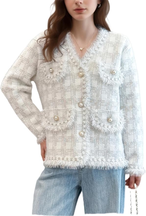 Womens Plaid Knit Blazer Fall Winter Sweater Jacket Coat Collarless Elegant Sweater Blazer Women Cardigan