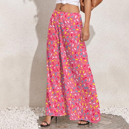 Palazzo Pants for Women, Comfy Womens Wide Leg Baggy Pants, Colorful Sprinkles Donuts Casual Lounge Pants2