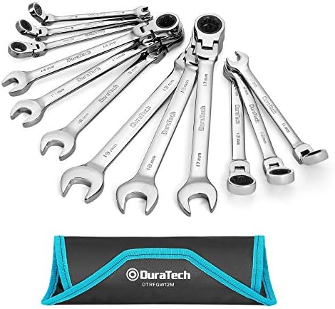 DURATECH Flex-Head Ratcheting Wrench Set, Combination Wrench Set, 72 Tooth, Metric, 12-piece, Size Covers 8-19mm, CR-V Steel, with Rolling Pouch