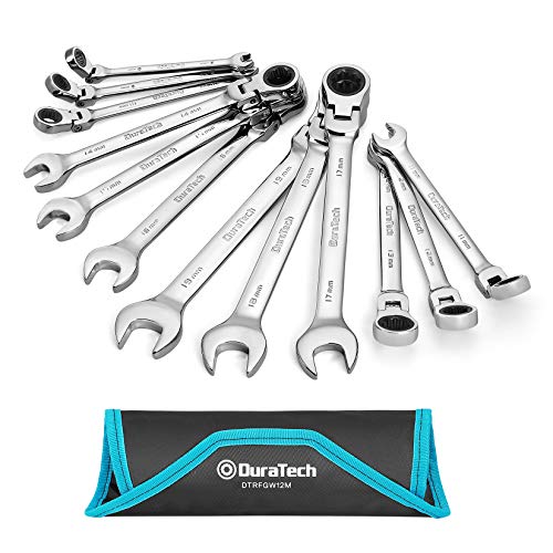 DURATECH Flex-Head Ratcheting Combination Wrench Set, Metric, 12-Piece, 8-19mm, Chrome Vanadium Steel Construction with Rolling Pouch