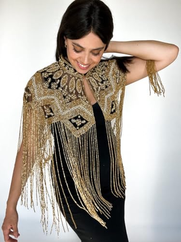Art Deco 1920s Beaded Fringe Bolero Bridal Shawl - Gold Sequin Evening Designer Cover Up for Weddings4
