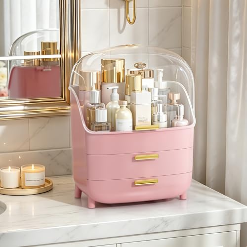 Image of Vtopmart 3-Tier Skincare Makeup Organizer with Lids, Pink | With Drawers and Lid, For Vanity and Bathroom Countertop, Large Cosmetic Storage Box Case for Dresser, With Non-Slip Base