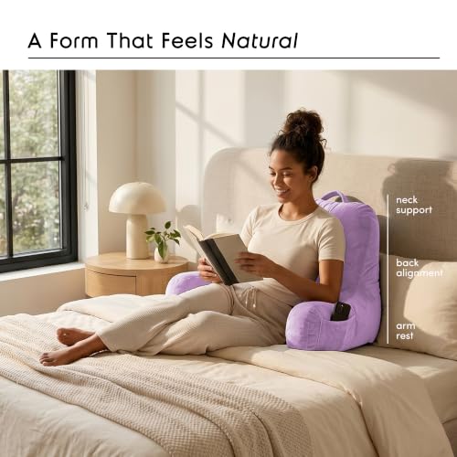 Image of Nestl Reading Pillow with Shredded Memory Foam, Designed for Sitting Up in Bed and Couch, Back and Arms Adjustable Support for Adult & Teens Backrest Pillows for Reading, with Washable Cover Lavender