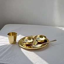 Pure Brass Laddu Gopal Bhog Thali Plate Set – 5 Pcs Pooja Thali with 1 Brass Plate, 2 Bowls, 1 Glass & Spoon for Kanha Ji Bhog, Janmashtami Puja & Festival Rituals