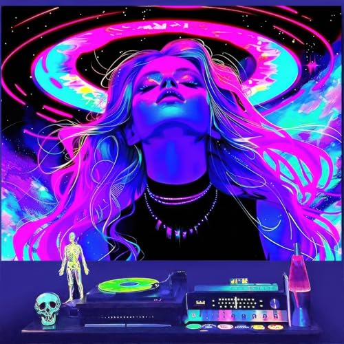 Image of BlissYard Blacklight Tapestry Bedroom Anime Girl Blacklight Tapestry 78x59 Inch Aesthetic UV Reactive Purple Tapestries Glow In The Dark Art Wall Hanging Poster Room Bedroom Party Backdrop Decor