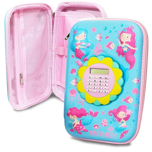 Image of VGRASSP Mermaid Theme Stationery Pencil Case for Kids with Mini Calculator - 3D EVA Zipper Pouch with Multi Storage Compartments - Fun School Stationery Organizer - Multicolor