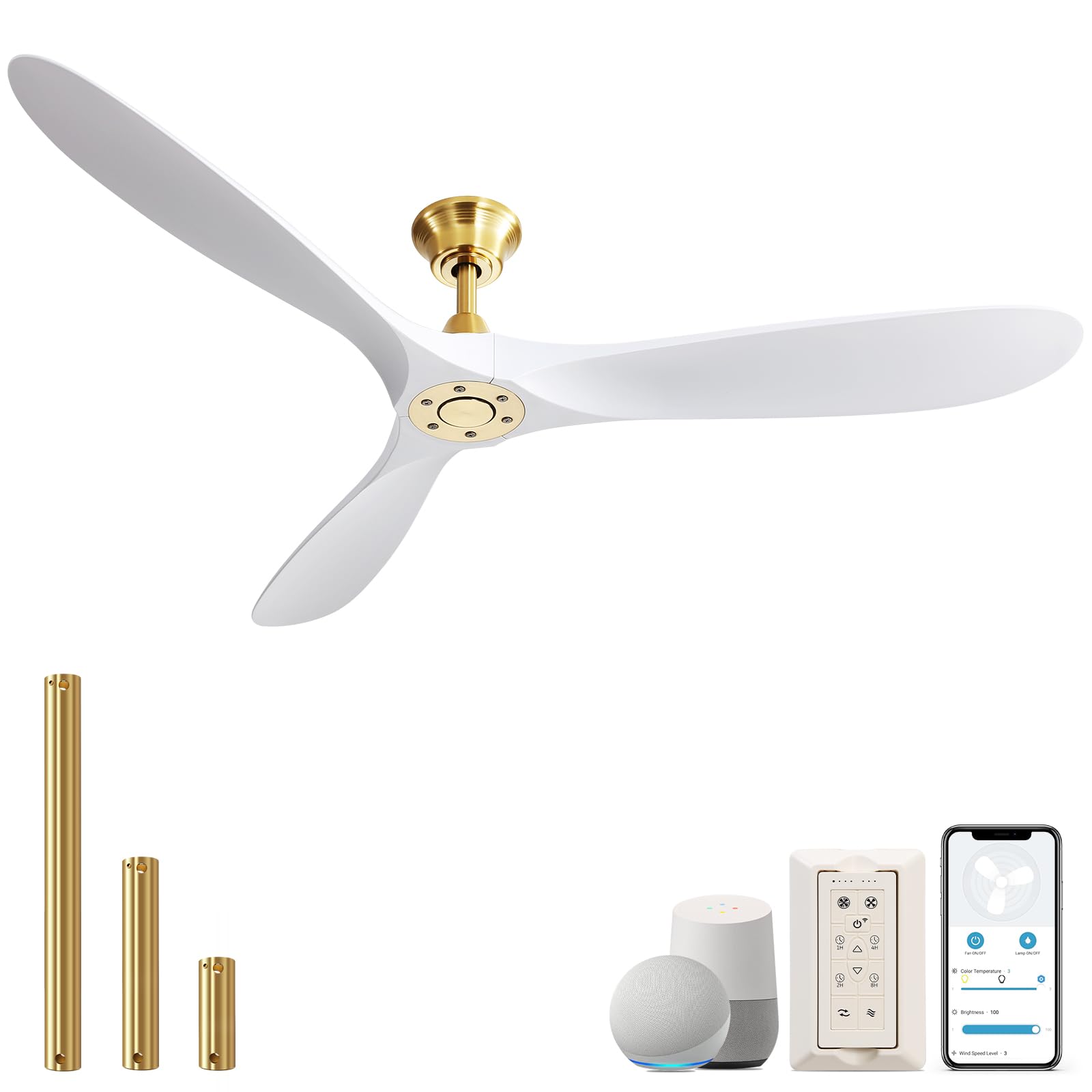 CACI Mall 60" Ceiling Fan No Light, White Smart Ceiling Fan with Remote Control, Modern, without Light, Quiet Reversible DC Motor for Outdoor, Living Room, Bedroom, Patio, Porch
