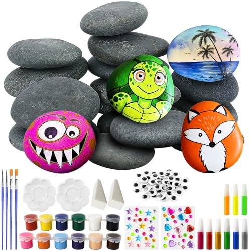 REJOECE 16 Stück 3-5cm Flach Steine zum Bemalen Set mit 12 Farbfarben, Steine Bemalen Set Kinder, Nachtleuchtendes Farbe, Stifte, Kreativ Bastelsachen für Kinder Erwachsene Geschenke Malset
