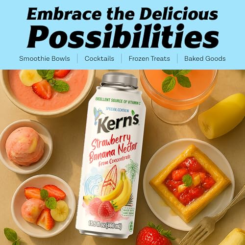 Image of Kern's Strawberry Banana Nectar Lata Botella - Fresh Fruit Puree & Tropical Fruit Juice Concentrate for Smoothie Mix, Cocktail Mixers & Kids Beverages - 15.5oz, 12 Pack Resealable Juice Bottles