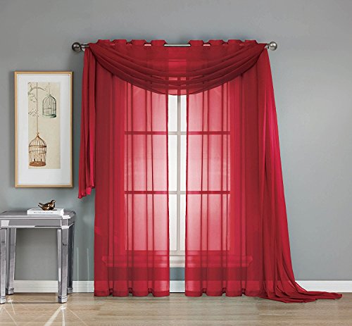 Empire Furniture USA Elegant Mary 1 Peace Scarf Valance Soft Sheer Voile Window Panel Curtain - 216" Long Valance (Red)