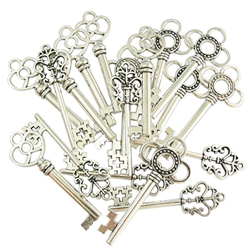 Juego de 30 colgantes de estilo antiguo mixto con diseño de esqueleto y corazón (plata)