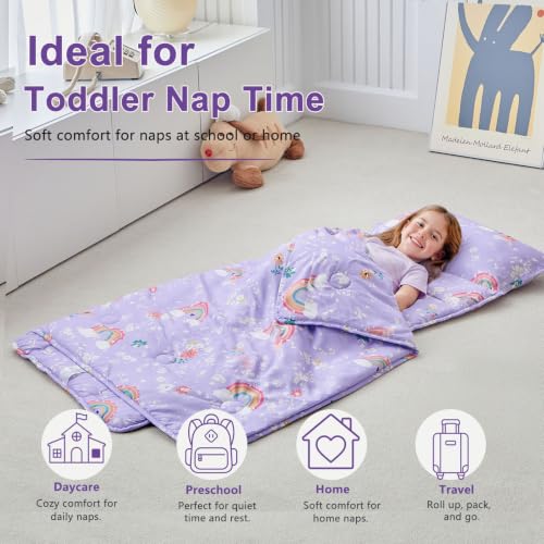Image of Toddler Nap Mat with Removable Pillow,Ultra Soft Slumber Bags for Girls,Kids Sleeping Bags with Roll Up Design, Perfect for Preschool,Daycare,Kindergarten