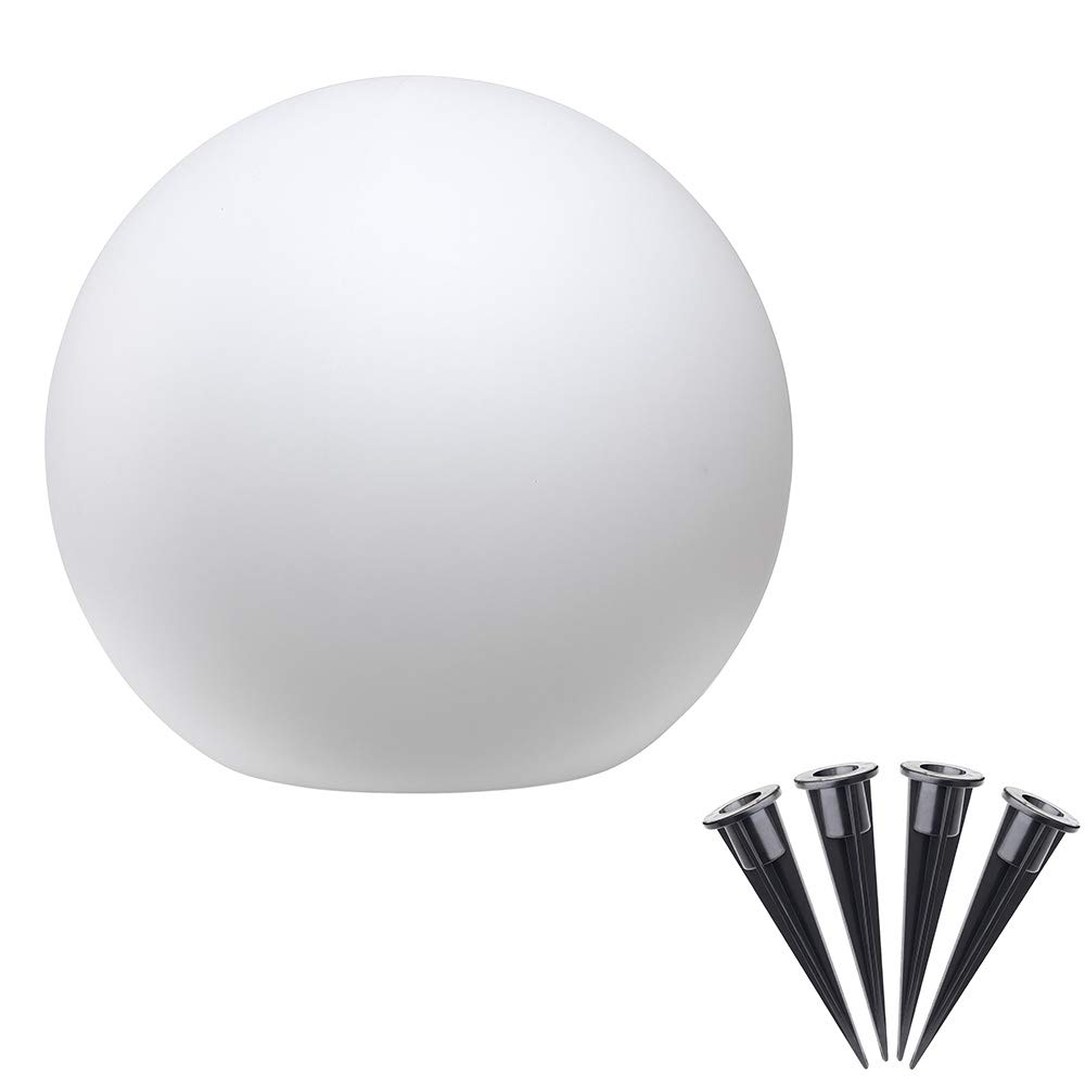 BAKAJI Lámpara de diseño esférica de jardín, diámetro 20 cm, luz iluminación exterior de suelo o mesa, casquillo E27, bombilla máx. 25 W, color blanco con piquetas de fijación al suelo