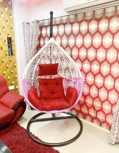 Image of Single Seater Swing Chair with Stand and Cushion Hammock Swing for Adult Outdoor Indoor Garden Living Room Balcony Hanging Chair (Pink & White)