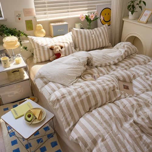 Image of VM VOUGEMARKET Khaki Striped Duvet Cover Set Queen Teens Boys Girls Dorm Bedding Set Soft Lightweight Reversible Microfiber Farmhouse Duvet /Quilt Cover-90 x90,Khaki White