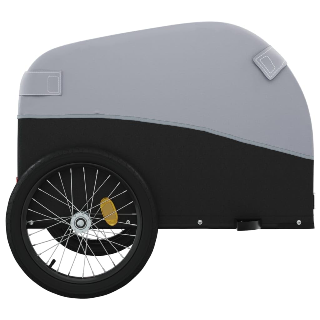 Przyczepa rowerowa, czarna i szara, wykonana z wytrzymałego żelaza, nośność 30 kg, koła 29 cm, sprzęgło dyszowe, flaga bezpieczeństwa, składana, do transportu bagażu, dzieci, psów