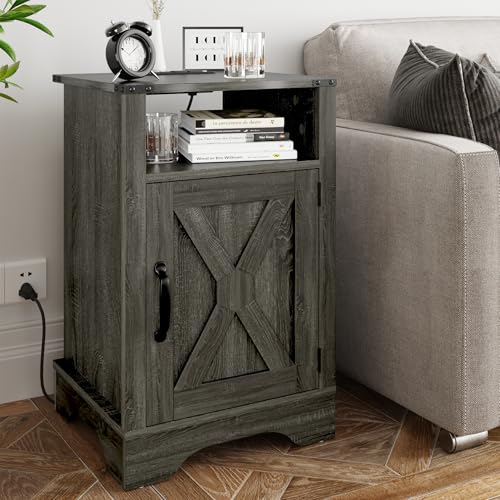 RoyalCraft Mesita de noche alta de granja con estación de carga, mesa auxiliar gris con almacenamiento, mesita de noche rústica grande de madera para dormitorio, oficina en casa, gris oscuro