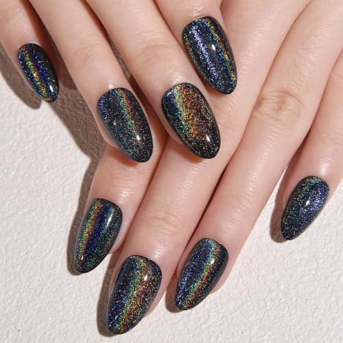 evpct Black Iridescent Colorful Glitter Cat Eye Press on Nails Sh...