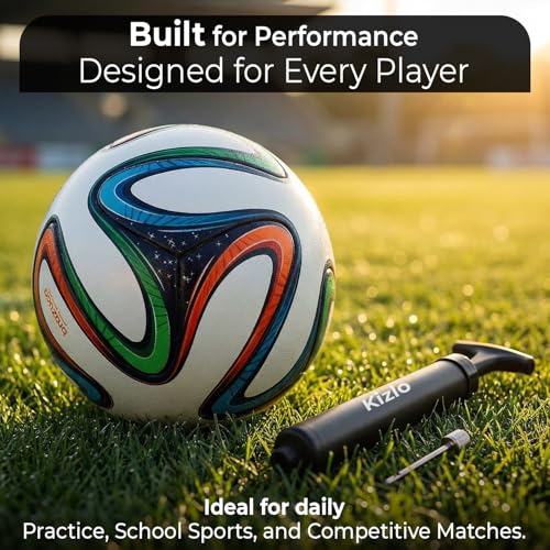 Image of Kizlo Official Size 5 Football with Pump & Pin | PVC Leather Training Soccer Ball for Ground, Turf & Street Play | High Grip & Air Retention for Kids, Youth & Adults | Multicolor (Brazuka)