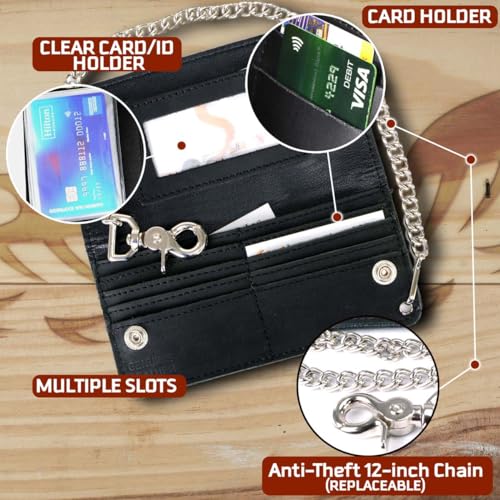 Image of Milwaukee Leather MLW7889 Men's 7.5 inch Black Premium Leather Soft Biker Wallet - Bi-Fold Anti-Theft Stainless Steel Chain
